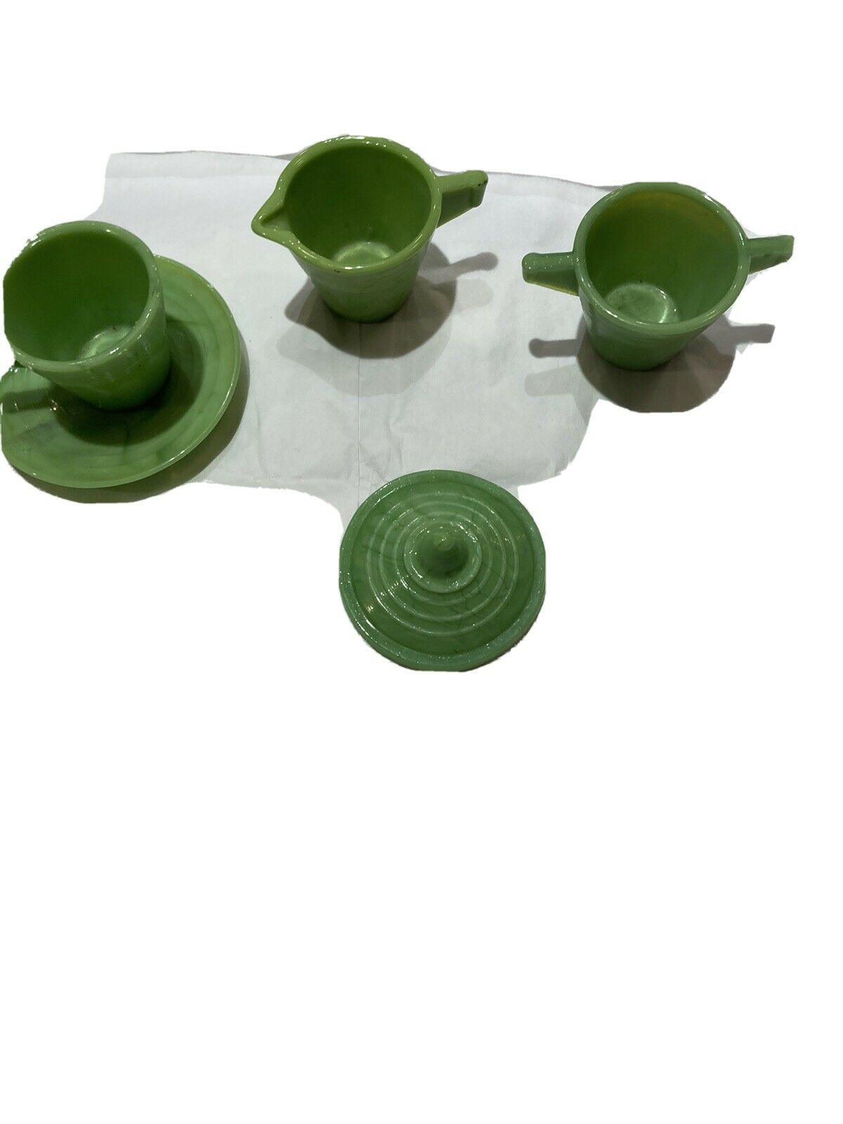 Vintage Akro Agate Green Jadeite Child's Tea Set Lot Of Five Pieces!